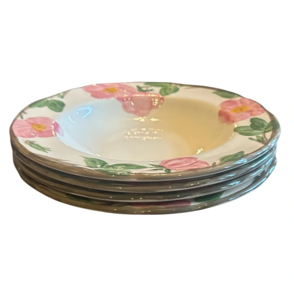 Franciscan Desert Rose 8” Rim Soup Salad Bowl Set 4 Vintage England Cream Pink